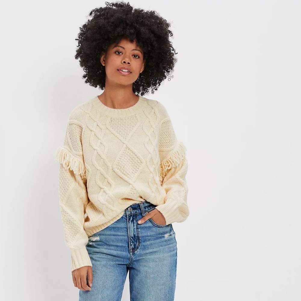 American Eagle Outfitters Cream Fringe Sleeve Sweater Size Medium